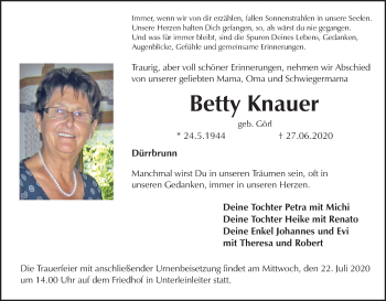Anzeige von Betty Knauer von MGO