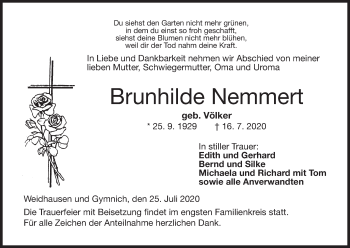 Anzeige von Brunhilde Nemmert von MGO
