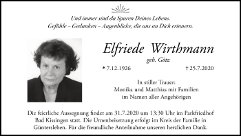 Anzeige von Elfriede Wirthmann von MGO