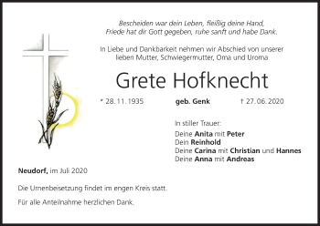 Anzeige von Grete Hofknecht von MGO