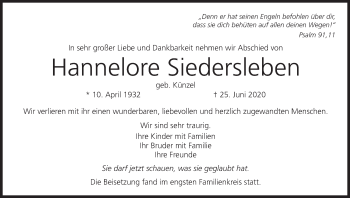 Anzeige von Hannelore Siedersleben von MGO