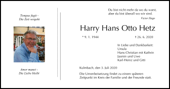 Anzeige von Harry Hans Otto Hetz von MGO