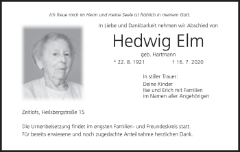 Anzeige von Hedwig Elm von MGO