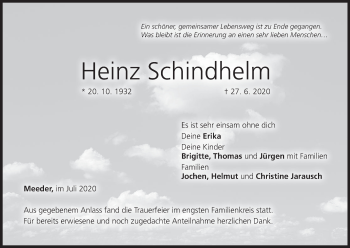 Anzeige von Heinz Schindhelm von MGO