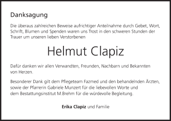 Anzeige von Helmut Clapiz von MGO