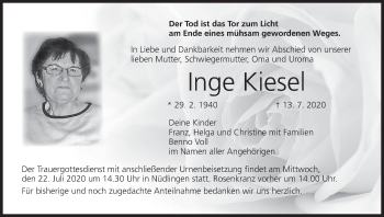 Anzeige von Inge Kiesel von MGO