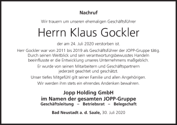 Anzeige von Klaus Gockler von MGO