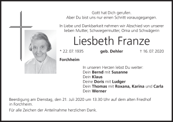 Anzeige von Liesbeth Franze von MGO