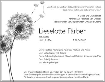 Anzeige von Lieselotte Färber von MGO