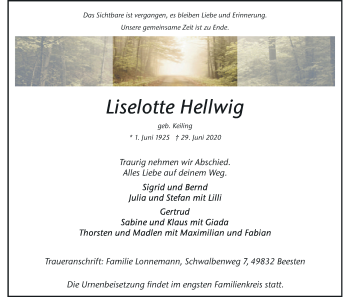 Anzeige von Liselotte Hellwig von MGO