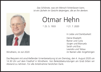 Anzeige von Otmar Hehn von MGO
