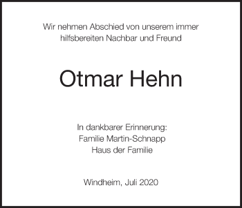 Anzeige von Otmar Hehn von MGO