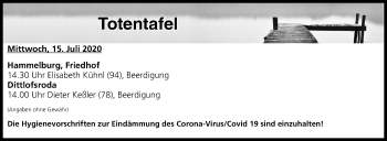 Anzeige von Totentafel vom 15.07.2020 von MGO