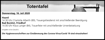 Anzeige von Totentafel vom 16.07.2020 von MGO
