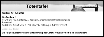 Anzeige von Totentafel vom 17.07.2020 von MGO