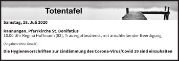 Anzeige von Totentafel vom 18.07.2020 von MGO