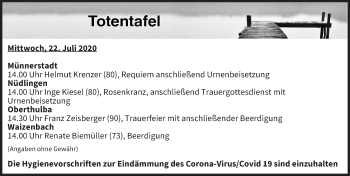 Anzeige von Totentafel vom 22.07.2020 von MGO