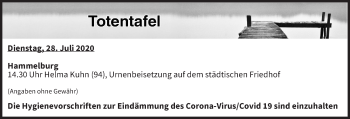 Anzeige von Totentafel vom 28.07.2020 von MGO