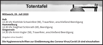 Anzeige von Totentafel vom 29.07.2020 von MGO