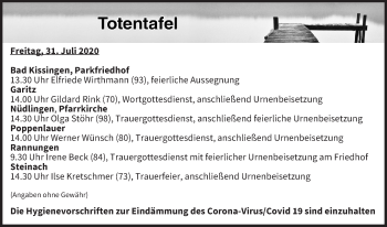 Anzeige von Totentafel vom 31.07.2020 von MGO