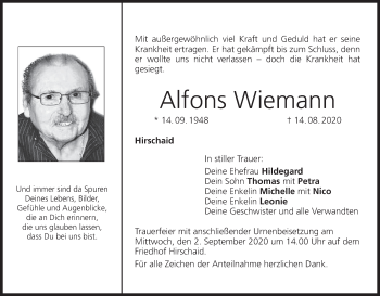 Anzeige von Alfons Wiemann von MGO