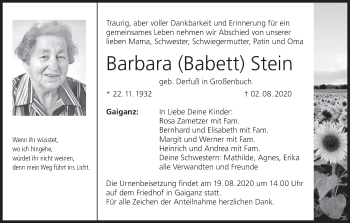 Anzeige von Barbara Stein von MGO