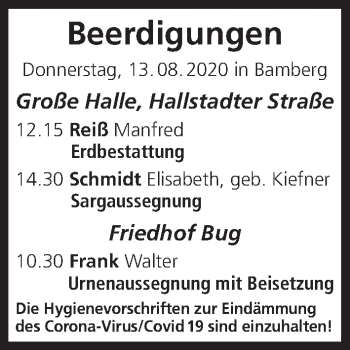 Anzeige von Beerdigungen vom 13.08.2020 von MGO