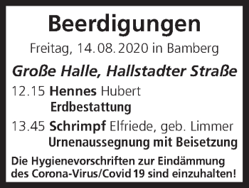 Anzeige von Beerdigungen vom 14.08.2020 von MGO