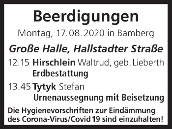 Anzeige von Beerdigungen vom 17.08.2020 von MGO