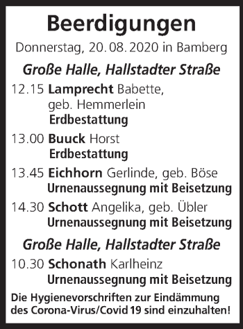 Anzeige von Beerdigungen vom 20.08.2020 von MGO