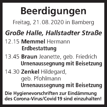 Anzeige von Beerdigungen vom 21.08.2020 von MGO