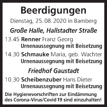 Anzeige von Beerdigungen vom 25.08.2020 von MGO