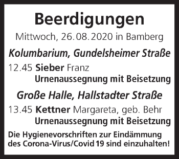 Anzeige von Beerdigungen vom 26.08.2020 von MGO