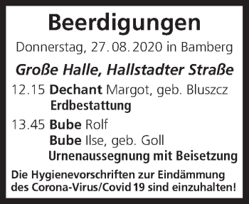 Anzeige von Beerdigungen vom 27.08.2020 von MGO