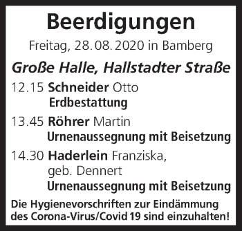 Anzeige von Beerdigungen vom 28.08.2020 von MGO