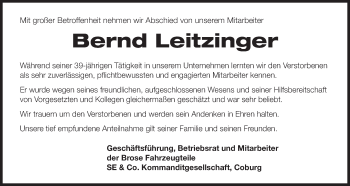 Anzeige von Bernd Leitzinger von MGO