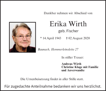 Anzeige von Erika Wirth von MGO