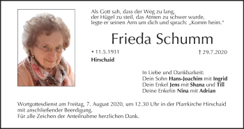 Anzeige von Frieda Schumm von MGO