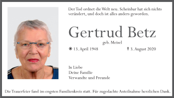 Anzeige von Gertrud Betz von MGO
