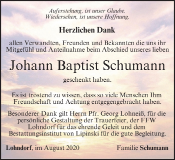 Anzeige von Johann Baptist Schumann von MGO
