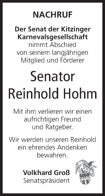Anzeige von Reinhold Hohm von MGO