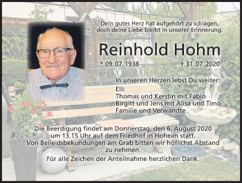 Anzeige von Reinhold Hohm von MGO