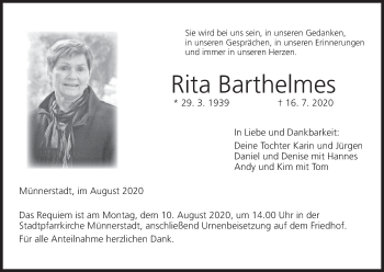 Anzeige von Rita Barthelmes von MGO