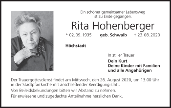Anzeige von Rita Hohenberger von MGO