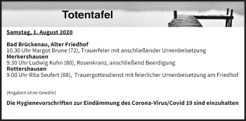 Anzeige von Totentafel vom 01.08.2020 von MGO