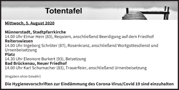 Anzeige von Totentafel vom 05.08.2020 von MGO