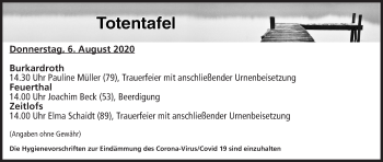 Anzeige von Totentafel vom 06.08.2020 von MGO