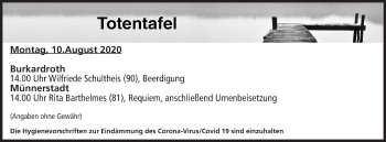 Anzeige von Totentafel vom 10.08.2020 von MGO