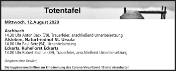 Anzeige von Totentafel vom 12.08.2020 von MGO