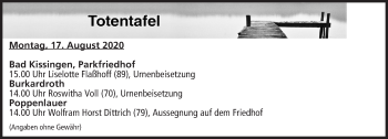 Anzeige von Totentafel vom 17.08.2020 von MGO